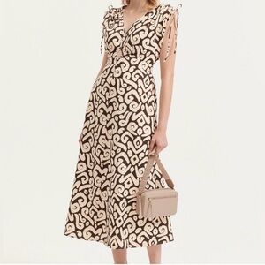 NWT Sincerely Jules Cream and Brown Midi Dress Abstract Print w/ Cutouts Size M